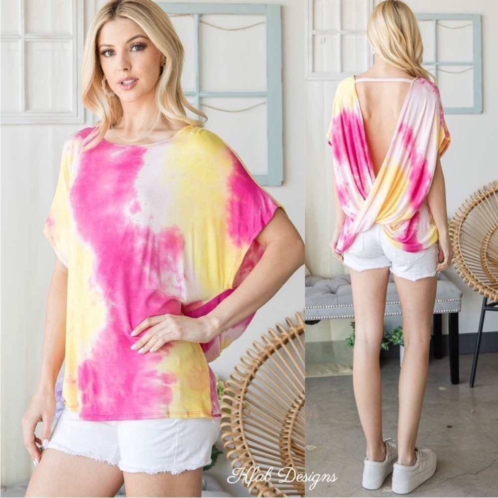 LAST 2! Tie Dye Yellow and Pink Twisted Cross Back Knit Top!